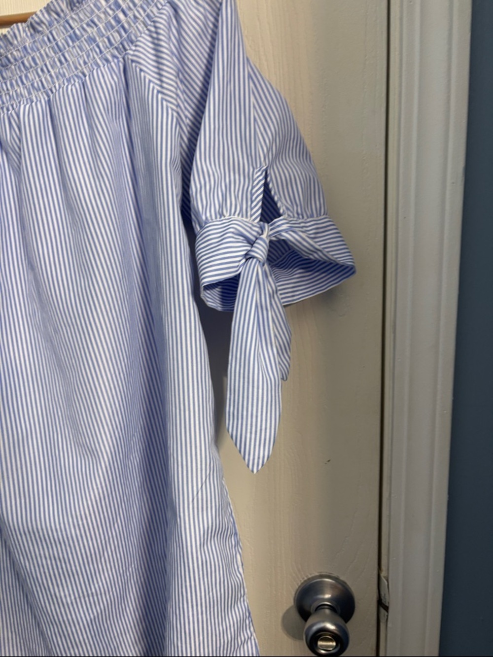 J for Justify Light Blue and White Striped Off-Shoulder Tie-Sleeve Top - Picture 6 of 8